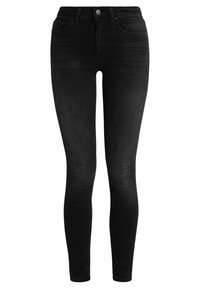 Svart smala jeans med hög midja, slät denimstruktur, fem fickor och en enda knappstängning. Designade för en åtsittande siluett.