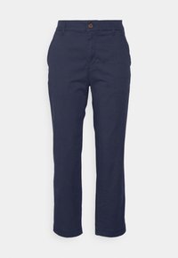 Pantalon en coton bleu marine à coupe droite, avec fermeture à bouton et poches latérales. Détail de couture à l'ourlet.