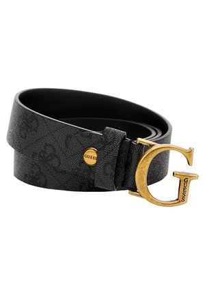 Ceinture en cuir noire à motifs, roulée, avec une boucle dorée en forme de "G" gravée "GUESS" sur le côté et un bouton doré assorti.