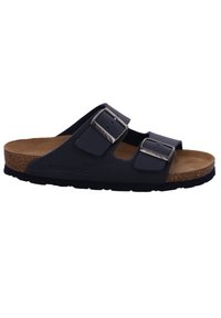 Navy blue slide sandal with two adjustable metal buckles, cork footbed, and textured black rubber sole. Clean design and open shape.