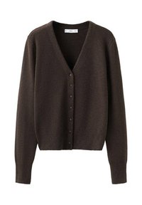 Cárdigan marrón de punto con cuello en V, cierre frontal con botones y mangas largas. Suave textura y corte corto que realzan su diseño casual.