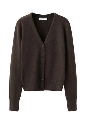 Cárdigan marrón de punto con cuello en V, cierre frontal con botones y mangas largas. Suave textura y corte corto que realzan su diseño casual.