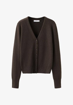 Cárdigan marrón de punto con cuello en V, cierre frontal con botones y mangas largas. Suave textura y corte corto que realzan su diseño casual.