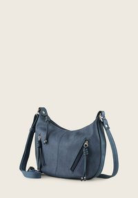 Blaue Kunstleder-Schultertasche mit zwei Reißverschlusstaschen, verstellbarem Tragegurt und weicher Textur. Mit geflochtenen Akzenten und einer geschwungenen Form.