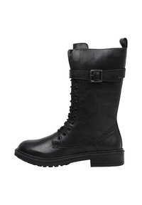 Black leather combat boot featuring a lace-up front, buckle strap at the ankle, and a chunky tread sole for enhanced grip.