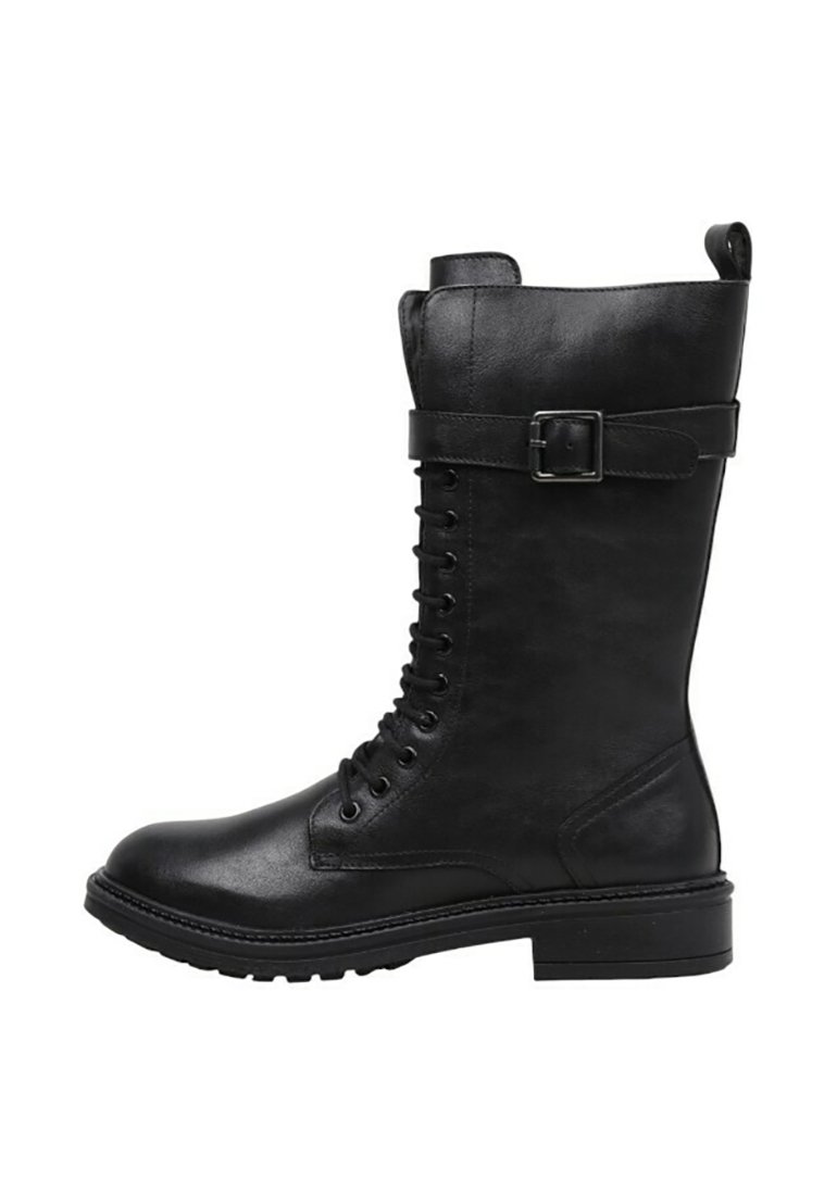 Black leather combat boot featuring a lace-up front, buckle strap at the ankle, and a chunky tread sole for enhanced grip.