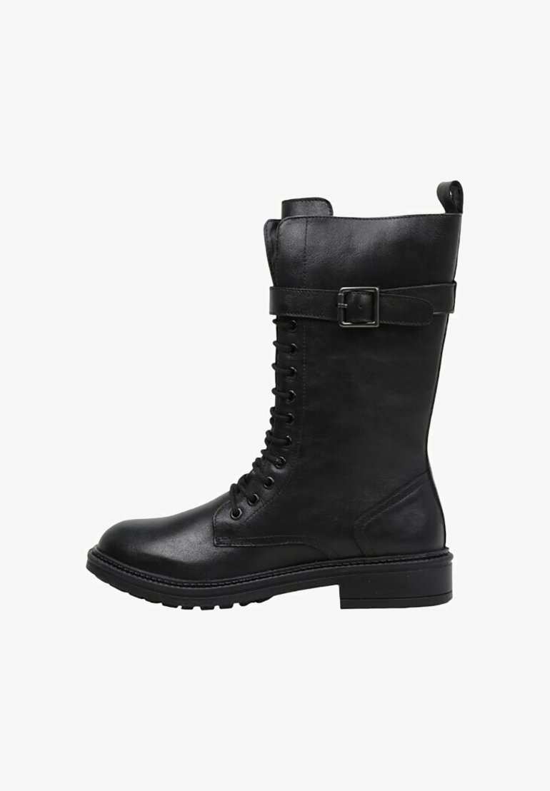 Black leather combat boot featuring a lace-up front, buckle strap at the ankle, and a chunky tread sole for enhanced grip.