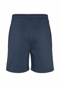 Pánske športové šortky tmavomodrej farby s elastickým pásom, zobrazené zozadu na bielom pozadí.