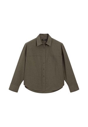 Zelená košile s dlouhým rukávem, button-up, s límečkem, která má přední légu a zaoblený lem. Vyrobena z hladké, strukturované látky.