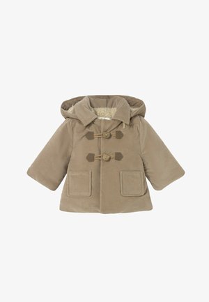 Abrigo beige para niño pequeño con capucha, dos bolsillos delanteros, cierres con botones de palanca y forro suave y esponjoso en el interior de la capucha y el cuello.