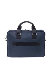Marineblauwe laptoptas van textuurstof, met een zwarte schouderband, leren accenten en dubbele handvatten. Met rits sluiting voor veilige toegang.