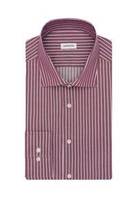 Vouwshirt voor heren in bordeauxrood met witte verticale strepen, knoopsluiting aan de voorkant en mouwen, en een klassieke puntige kraag.