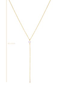 Collana delicata in catena d'oro con due perle bianche, una all'incrocio a forma di Y e una all'estremità pendente, lunghezza 42+8 cm.