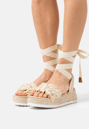 Des pieds portant des sandales à talons compensés beige avec des bandages tressés et des liens à la cheville sur un fond blanc.