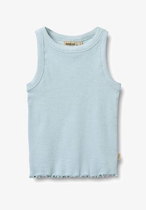 Lyseblå riftet ærmeløs tanktop til småbørn med krøllet kant og "Wheat" mærke på kraven og siden.