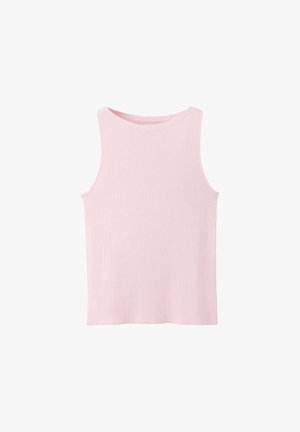 Débardeur côtelé rose clair sans manches avec un col rond et un ourlet droit.