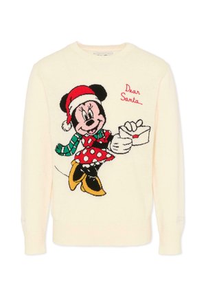 Maglione color crema con un design lavorato a maglia di un personaggio in un cappello rosso e abito a pois, che tiene una lettera con scritto "Caro Babbo Natale."