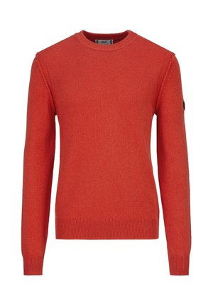 Langärmliger, gestrickter Pullover in leuchtendem Orange mit gerippten Bündchen und Saum, Rundhalsausschnitt und kleinem Patch am oberen linken Ärmel.