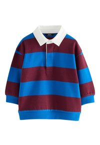 Pruhované rugby tričko v modré a vínové barvě, s bílým límečkem, dlouhými rukávy a volným střihem. Texturovaný bavlněný materiál.
