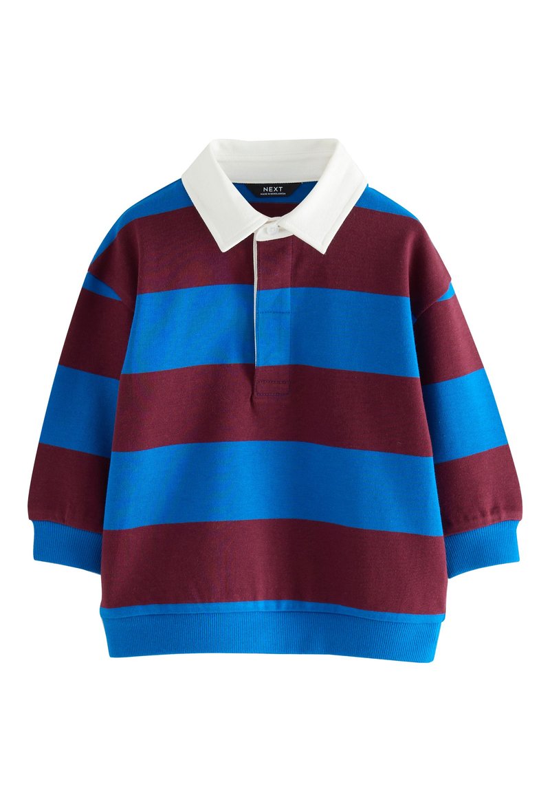 Pruhované rugby tričko v modré a vínové barvě, s bílým límečkem, dlouhými rukávy a volným střihem. Texturovaný bavlněný materiál.