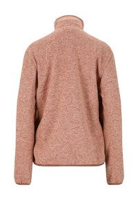 Bakre vy av en lätt, texturerad fleecejacka i rosafärg med hög krage och åtsittande ärmar. Inga synliga detaljer eller mönster.