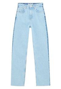 Jeans en denim bleu clair taille haute avec une coupe droite, dotés de cinq poches et d'une fermeture par bouton à la taille.