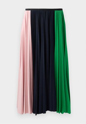 Jupe plissée avec des panneaux rose, bleu marine et vert. Fabriquée en tissu doux avec une taille élastique pour un confort optimal.