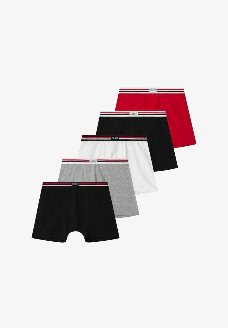 Cinco pares de calzoncillos tipo boxers para hombre en negro, blanco, gris, rojo y un diseño mezclado. Material de algodón con bandas elásticas que presentan rayas rojas y negras.