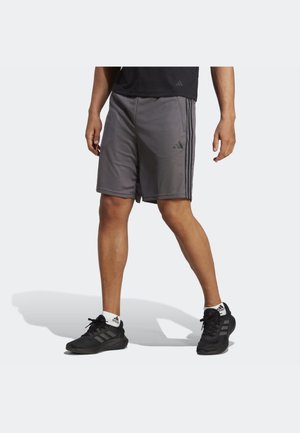 Man in grijze Adidas-shorts en zwarte Adidas-sneakers, staand met één been iets naar voren op een witte achtergrond.