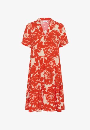 Red and cream floral-patterned dress with short sleeves, V-neckline, and tiered skirt design. Made from lightweight fabric.