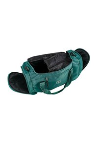 Bolsa de lona verde hecha de tejido duradero con un bolsillo frontal con cremallera, bordes redondeados, asas dobles y un interior forrado en negro con compartimentos.