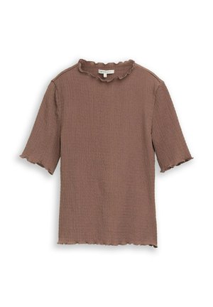 Haut marron à manches courtes côtelé avec col ras du cou et ourlet à volants, fabriqué en tissu texturé, posé à plat sur un fond blanc.