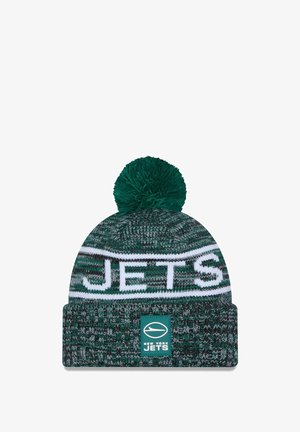 Berretto lavorato a maglia verde con pom pom, con testo bianco "JETS" e patch con logo, motivo testurizzato e polsino a coste.