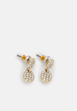 Kuldtooni kõrvarõngad ringikujulise disainiga, millel on selged rhinestone'id, kinnitatud postituse tagumise klambri abil mugavaks kandmiseks.