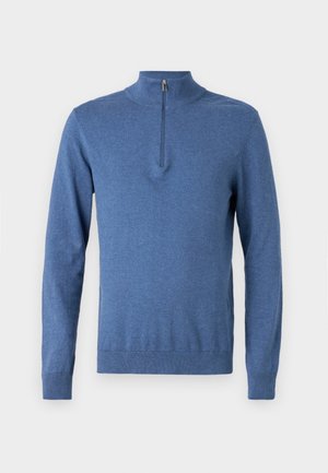 Blue long-sleeve pullover sweater with a high collar, featuring a quarter zipper, ribbed cuffs, and a smooth knit texture.