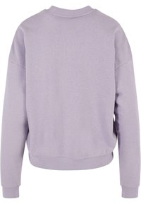 Sweatshirt in jersey di lavanda con collo a girocollo e polsini a costine, caratterizzato da una vestibilità rilassata e un colore solidale, senza motivi o accenti visibili.