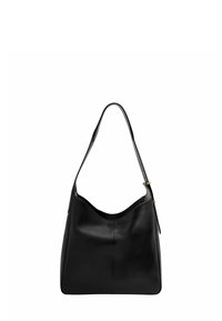 Sac hobo en cuir noir avec un design doux et structuré, doté d'une seule bandoulière et de subtils accents en métal doré.