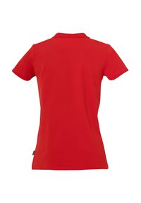 Rode polo met korte mouwen, een kraag en een aansluitend ontwerp. Gladde textuur, geen zichtbare patronen of accenten.