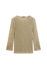 Top lavorato a maglia color beige chiaro, con scollatura rotonda e maniche a tre quarti. Il tessuto presenta un motivo a coste testurizzato.