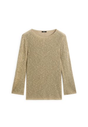 Strickoberteil in hellbeige, mit rundem Halsausschnitt und Dreiviertelärmeln. Der Stoff hat ein strukturiertes Rippmuster.