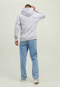 Gray hooded sweatshirt with a soft texture, ribbed cuffs, and hem. Paired with light blue jeans and white sneakers, shown from behind.