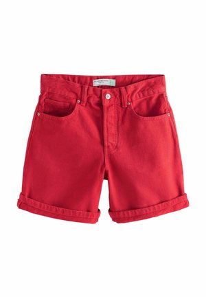 Rode denimshorts met opgerolde manchetten, voorzien van een sluiting met knoop aan de voorkant, riemlussen en twee zakken. Glad textuur en een aangesloten ontwerp.