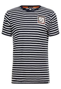 Marineblaue und weiße gestreifte T-Shirt mit kurzen Ärmeln, rundem Ausschnitt und einer Brusttasche mit grafischem Designdetail. Aus Baumwollmaterial.