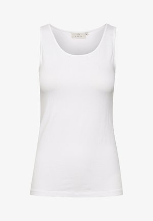 Bílý bavlněný top na ramínka s kulatým výstřihem a úzkým střihem. Ukazuje hladkou texturu a minimální šití, vhodný k vrstvení.
