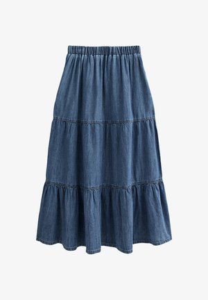 Denim tiered skirt with an elastic waistband. Features three horizontal seams, a flared shape, and a medium blue color. Soft texture.
