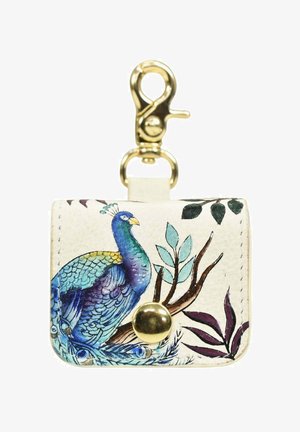 Pauw-thema sleutelhanger portemonnee van wit leer met kleurrijke illustraties, gouden hardware en een drukknoopsluiting.