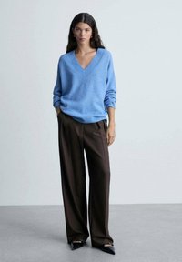 Maglione lavorato a maglia di colore azzurro chiaro con scollo a V e maniche lunghe, abbinato a pantaloni larghi marrone scuro e scarpe nere a punta.