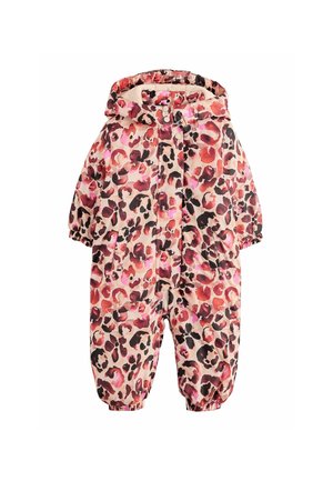 Leopardenmuster-Schneeanzug in Rosatönen, Braun und Schwarz, mit Kapuze und elastischen Bündchen für einen sicheren Sitz. Weiche, gesteppten Textur.