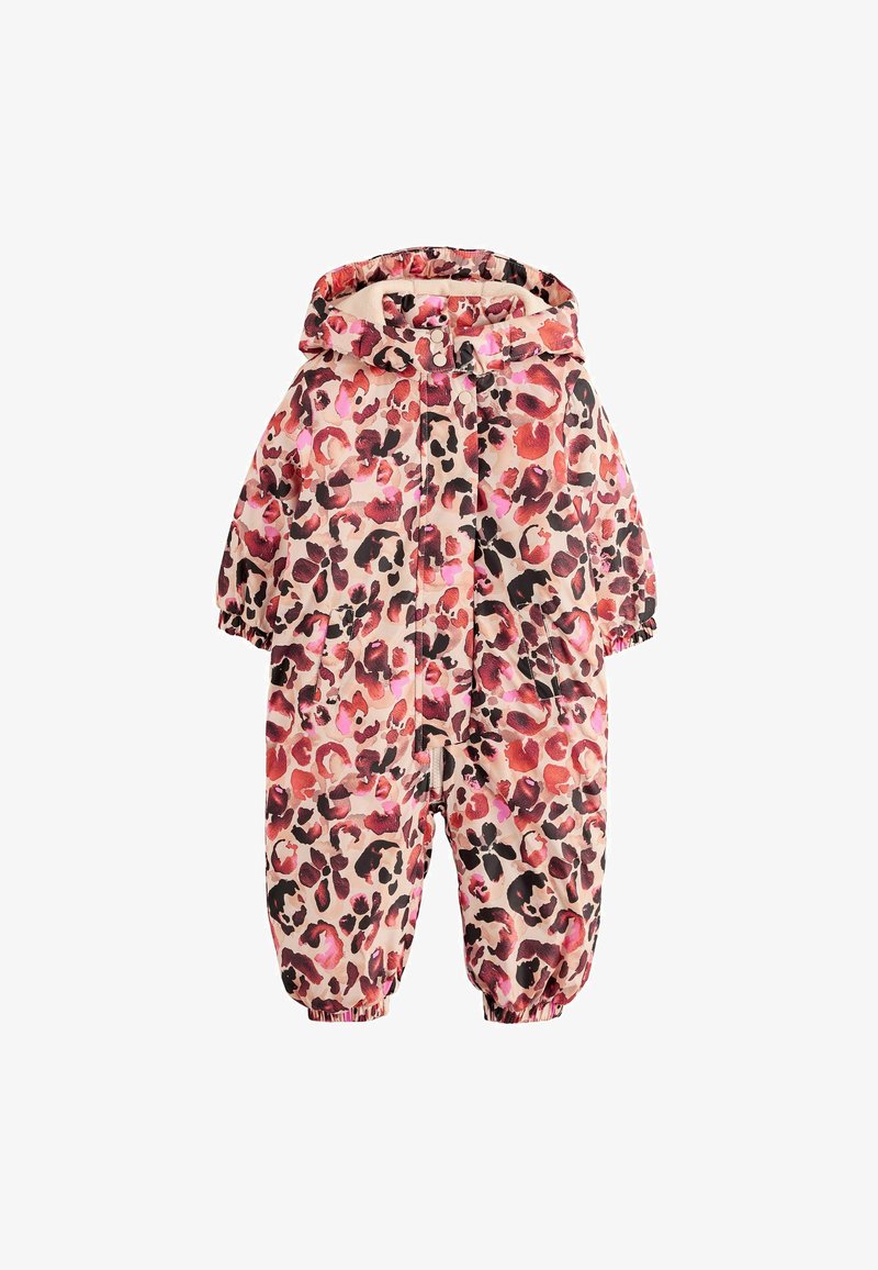 Snowsuit med leopardmønster i nuancer af pink, brun og sort, med hætte og elastiske manchetter for en sikker pasform. Blød, quiltet tekstur.
