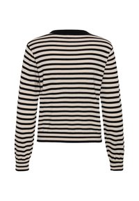 Pull à manches longues à rayures horizontales noires et blanches, vu de dos, avec un col rond et des poignets ajustés.
